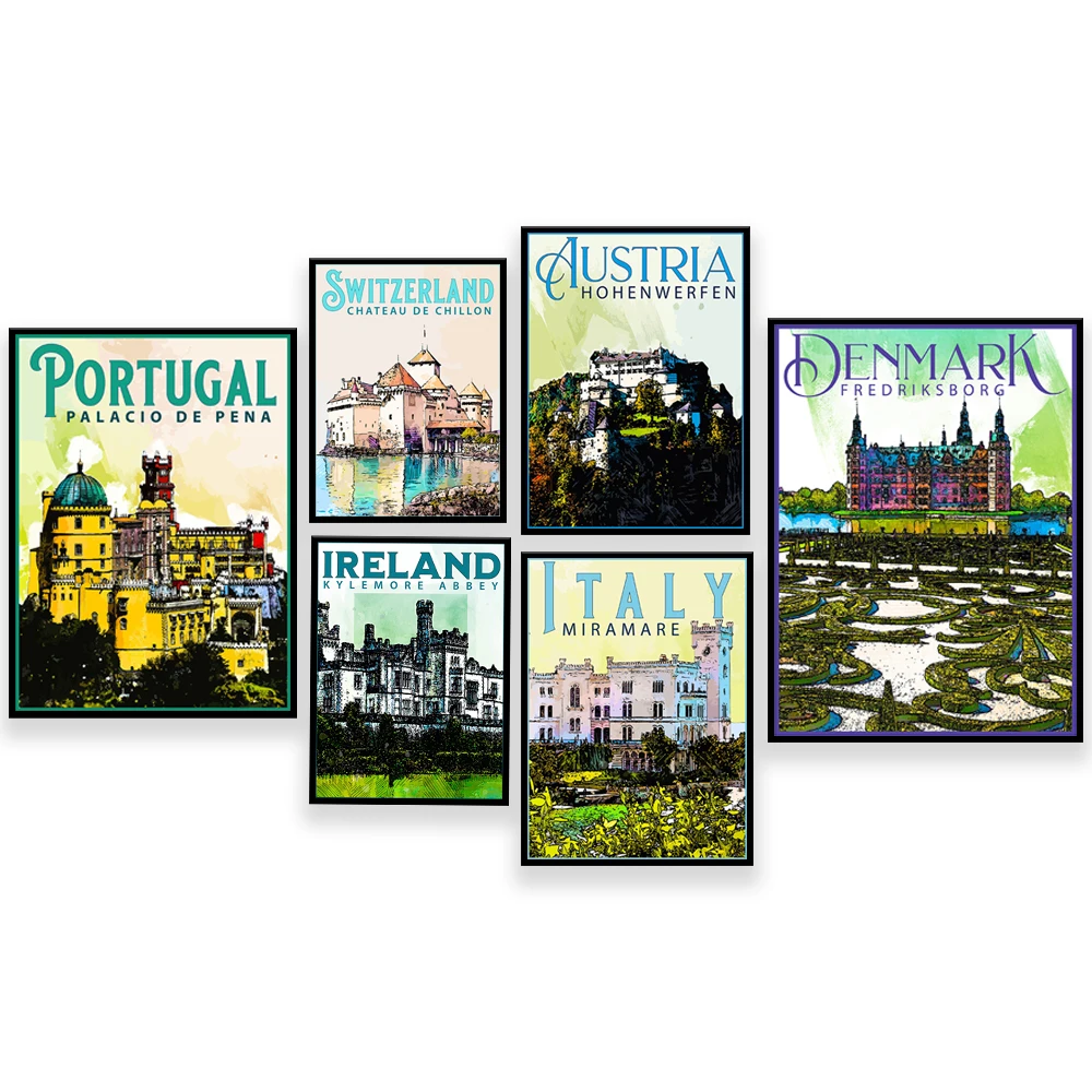 Romania, Portugal, Sweden, Austria, Denmark, England, France, Germany, Ireland, Italy, Switzerland castle travel vacation poster