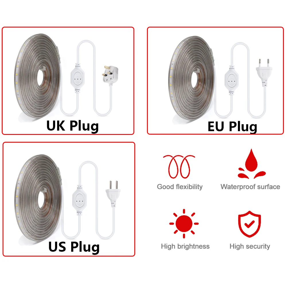 Taśma LED 220V 110V 60LEDs/m z wtyczką EU UK US Elastyczna taśma LED SMD 5050 Wodoodporna lampa zewnętrzna Taśma LED do kuchni