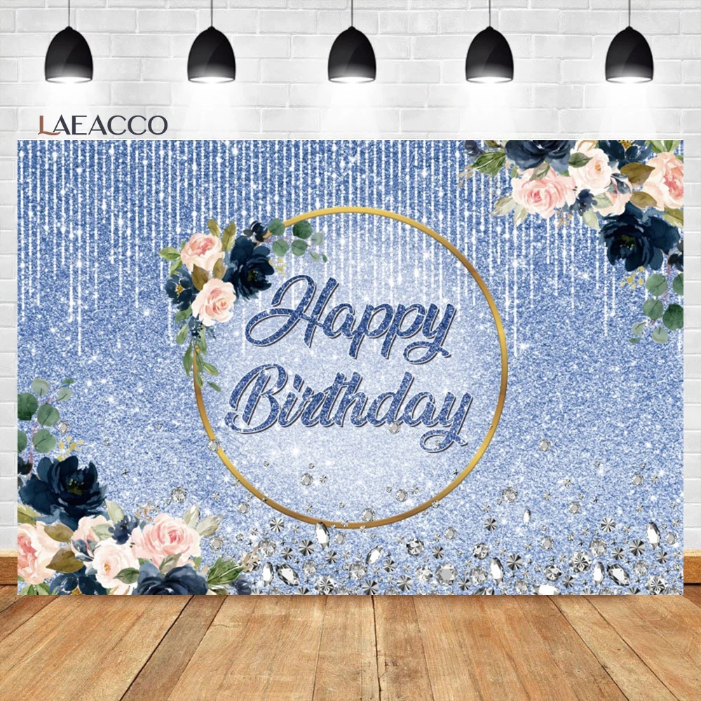 

Laeacco Blue And Sliver Happy Birthday Backdrop Glitter Diamond Watercolor Flower Girls Portrait Custom Photography Background