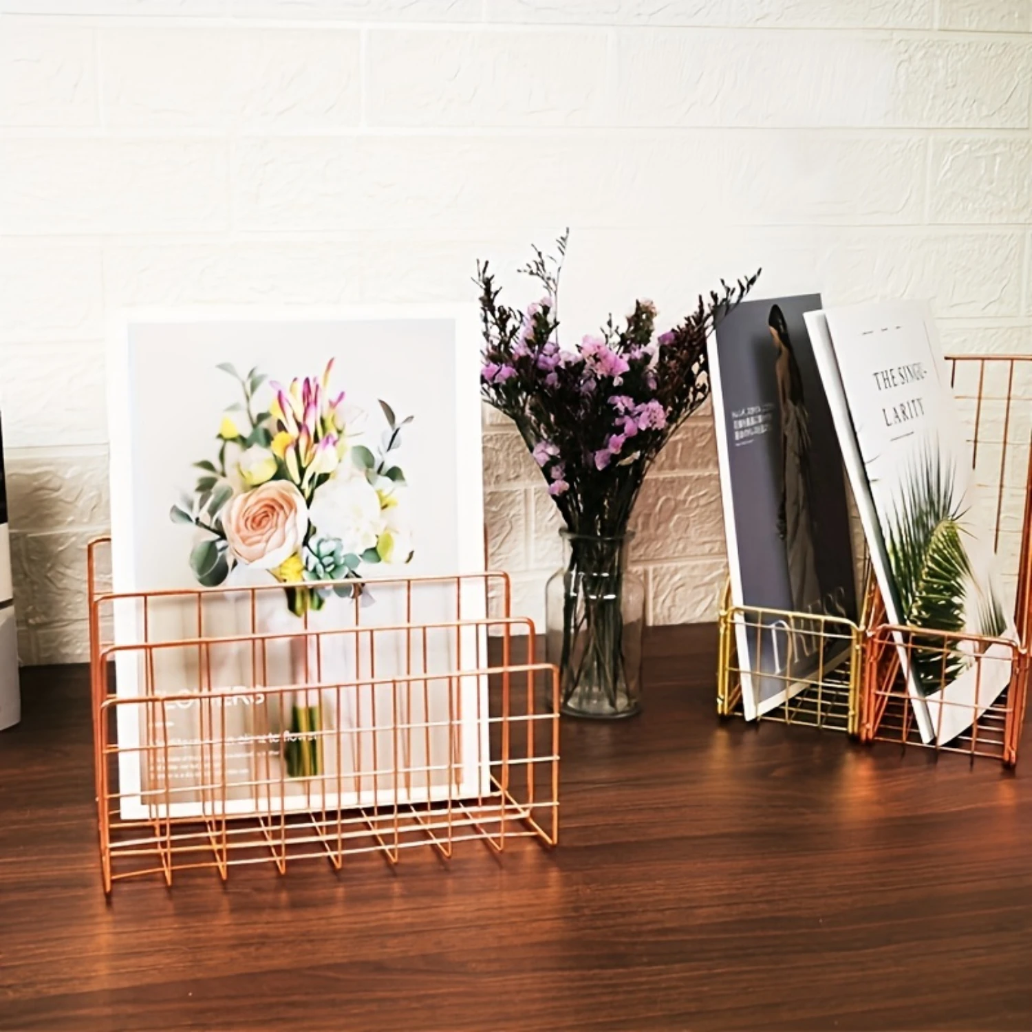 

Three-grid Book Standing Metal Iron Craft Desktop Bookshelf Multi-functional Magazine Book File Rack Paint brush holder