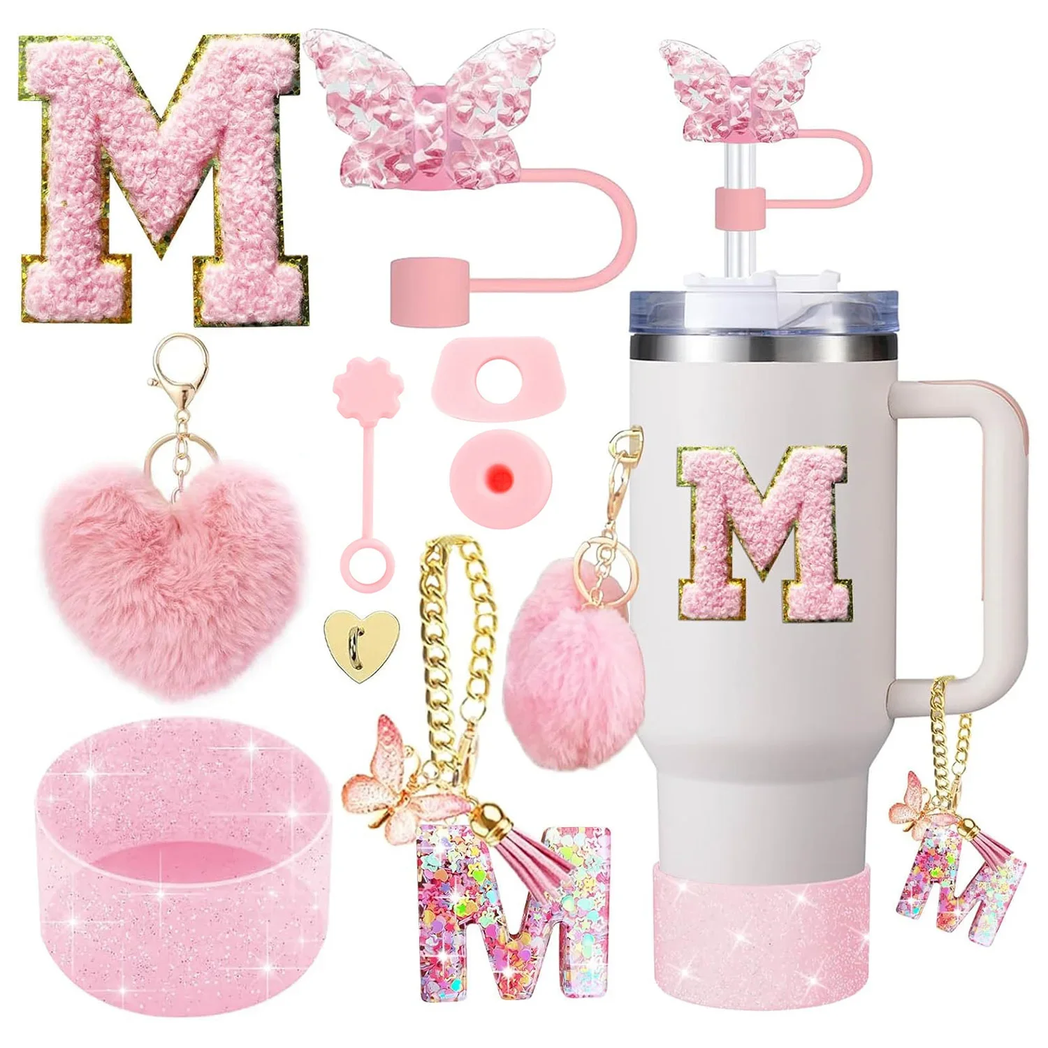 9PCS Accessory Set for Stanley Cup 30oz 40oz Butterfly Straw Cover Cap Silicone Boot Charm Initials Sticker Spill Proof Stopper