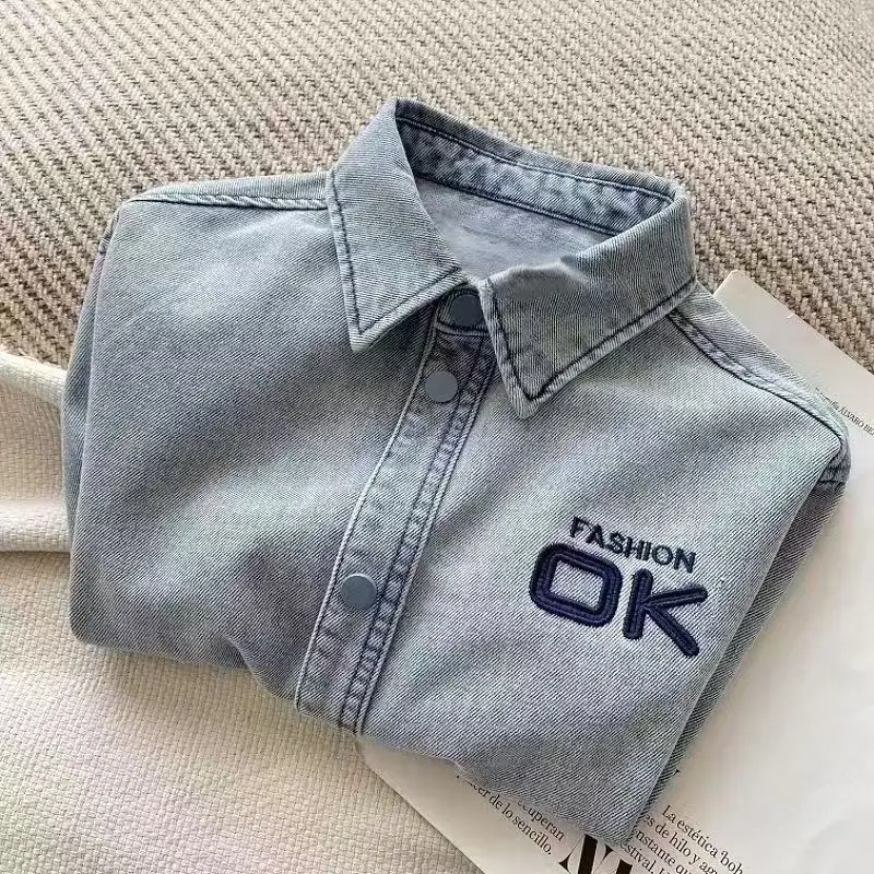 

Children's Denim Shirt Autumn New Korean Version Long Sleeved Jacket Student Boys' Letter Casual Soft Denim Jacket