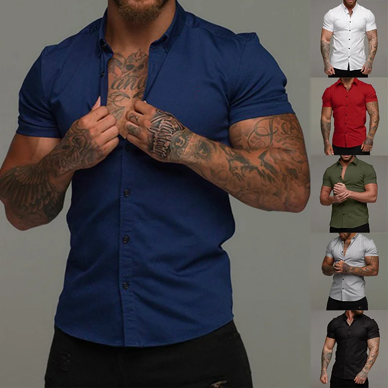 

Muscle Men's Fitness Short Sleeve Lapel Shirt Elastic Sports Leisure Cardigan Business Non Iron Shirt Camisa Masculina Slim Fit