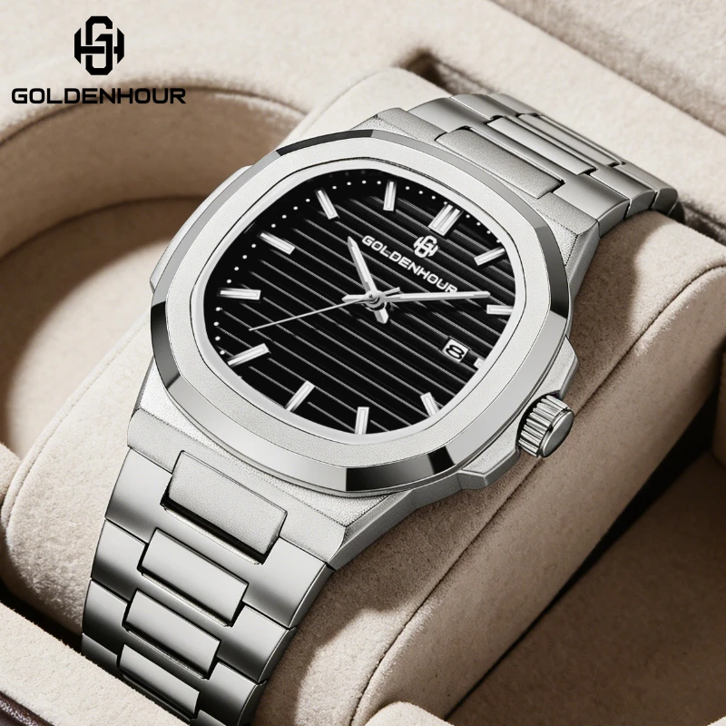 

Роскошные деловые мужские часы GOLDENHOUR, серебряный ремешок из нержавеющей стали, черный циферблат, водонепроницаемые, кварцевые, светящиеся, с датой, Relogio Masculino