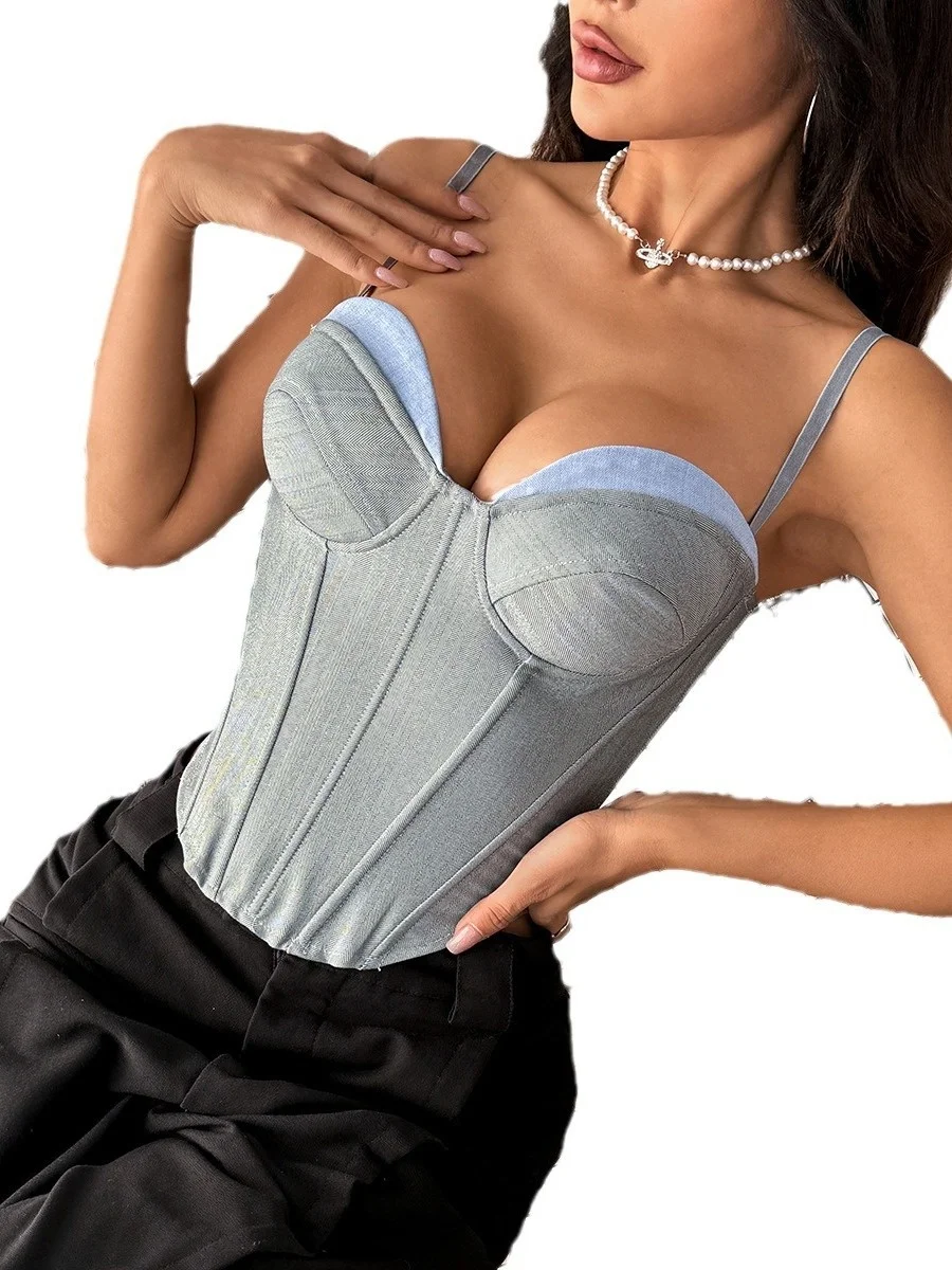 スパイシーガールセクシーなオーバーオールベスト、パッチワークカラーブロフィボーン、ピュアディザイアセクシークロップトップ、レディースファッションストリートウェア、サマー2025