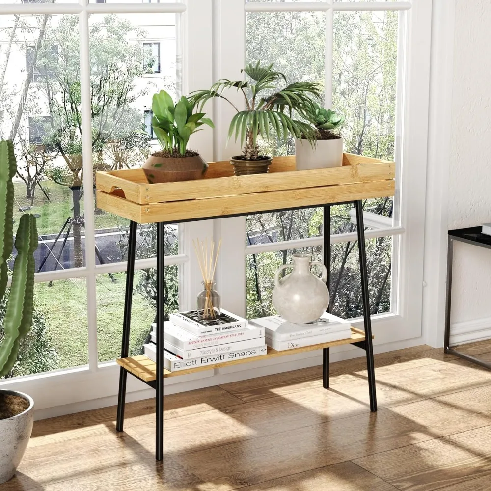 BAMBANG-Support de plante en bambou pour intérieur, table de plantes hautes en bois à 2 niveaux, étagère à plantes de rebord de fenêtre, support à fleurs