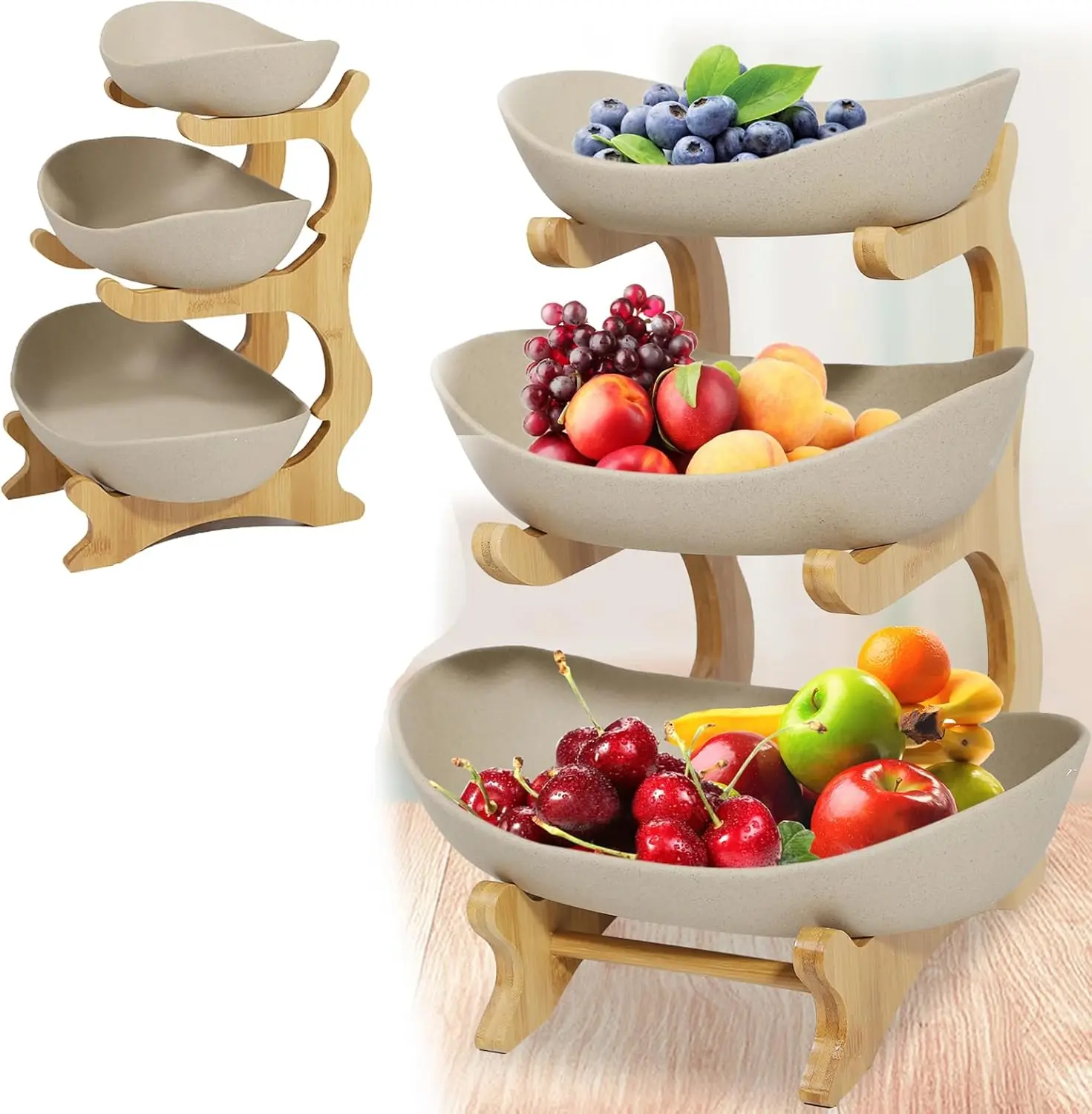 

3 Layer Multi-Layer Ceramic Fruit Plate with Bamboo Frame, Storage Rack for Fruits, Vegetables & Sushi (Earth Color)