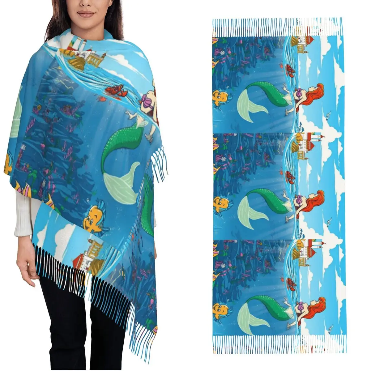 The Little Mermaid Cartoon Shawl Wrap Womens Warm Long Soft Scarf Ariel Anime Princess Pashminas Shawl Scarves