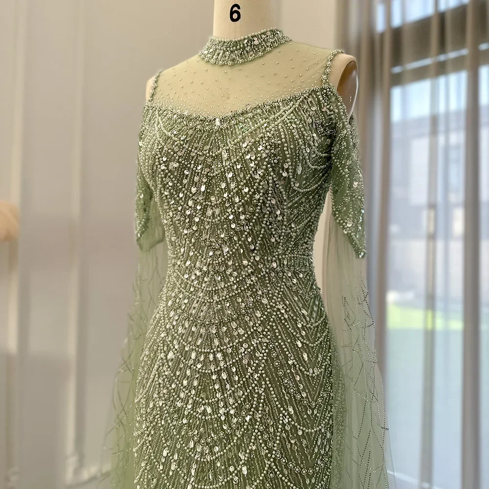 Customized Green Mermaid Luxury Dubai Evening Dress With Cape Sleeves Elegant Women Purple Wedding Formal Party Gown Formal Fash