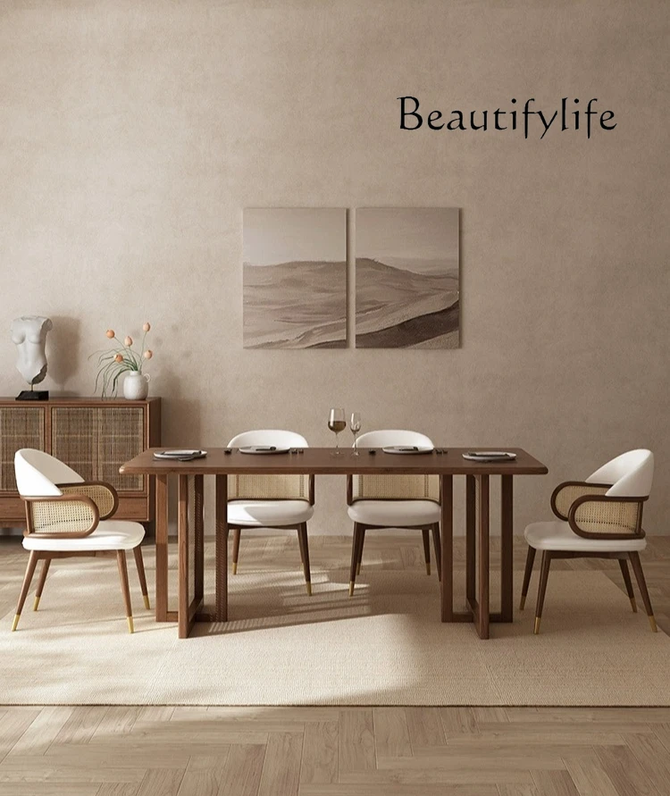 

household rectangular dining table decoration maison Nordic medieval style solid wood rattan dining table and chairs