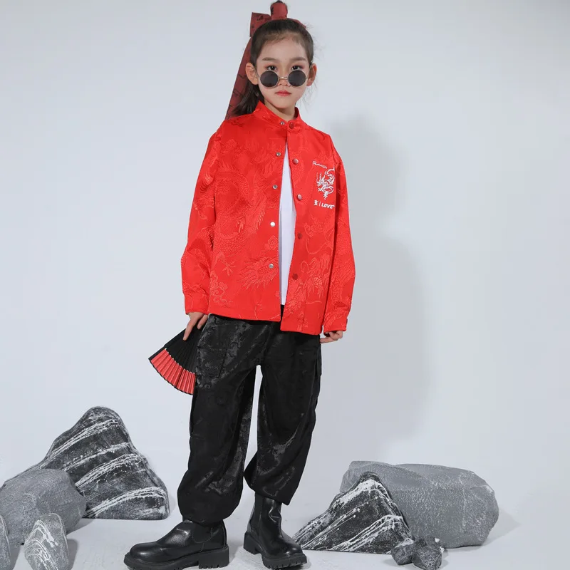 Kinderkostüme, rote Hip-Hop-Performance-Kostüme für Männer und Frauen im chinesischen Stil, Trommelsets, Street-Dance-Kleidung für Kinder
