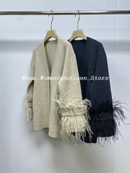 Women's Long-Sleeved Wool V-Neck Cardigan, Knitted Jacket, Feather Sweater, Light Luxury Fashion