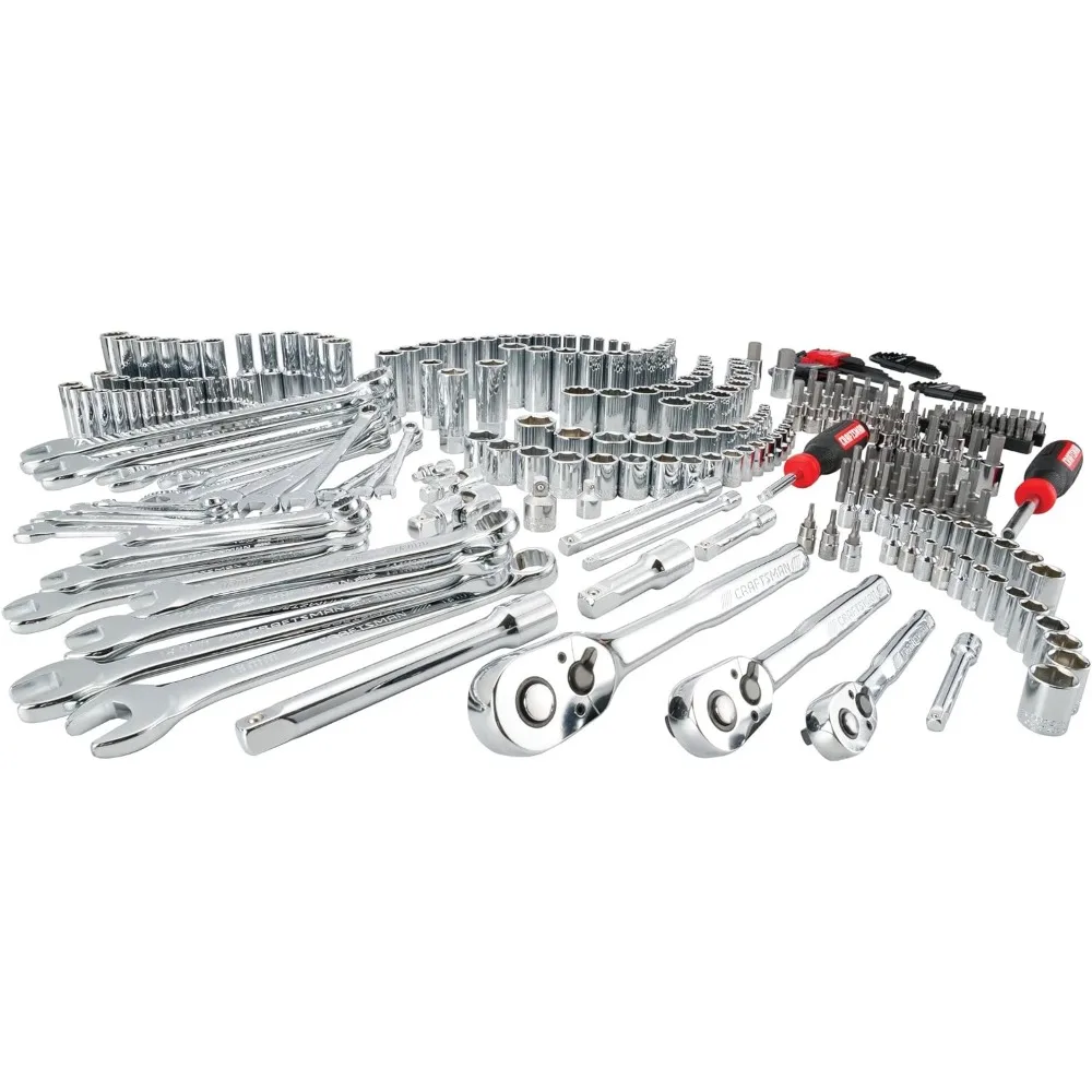 

Mechanic Tool Set, 1/4 in, 3/8 in, and 1/2 in Drive, Includes Ratchets, Sockets, Hex Keys and Wrenches