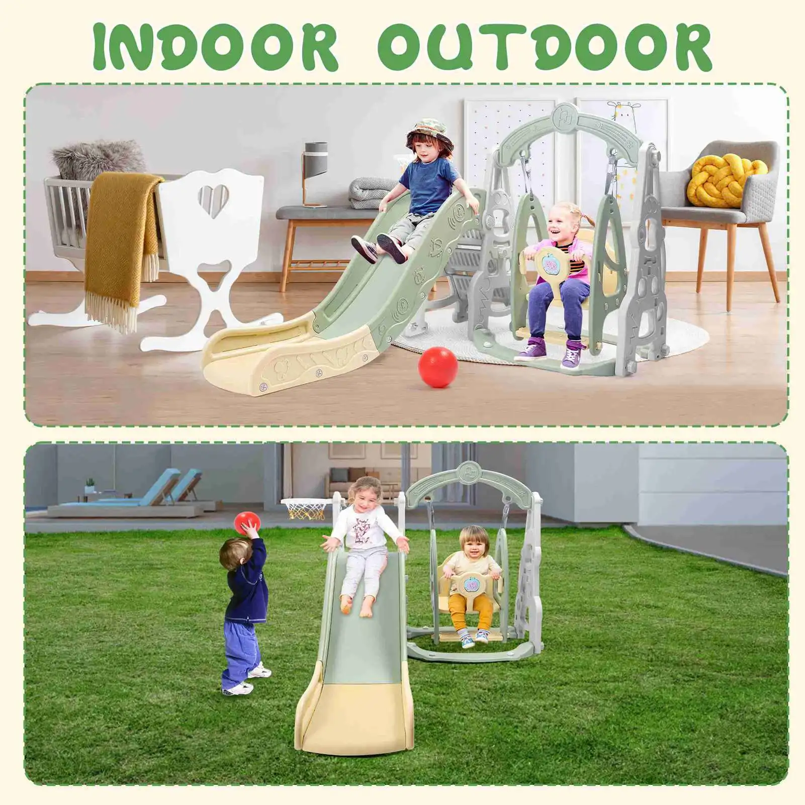 

4 in 1 Slide Fully Enclosed Pedal Enhanced Safety Easy Set Up Playground Slide Swing Playset Green Outdoor Swing with Slide
