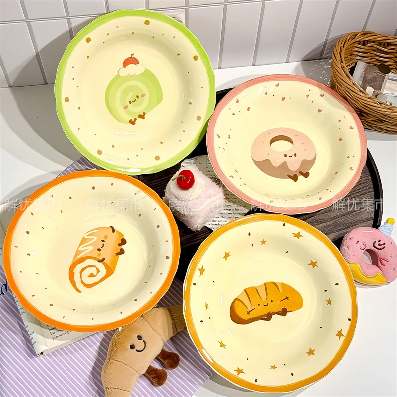 

Милые мультяшные керамические тарелки, набор посуды для одного человека, дома, кухни, столовой, студенческого общежития, эстетический дизайн, подарок