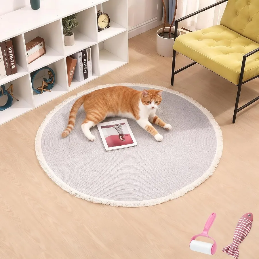

Cotton Rope Area Rug for Cats Cat Scratching Rug Washable Round Vintage Reversible Woven Tassel Rug Soft and Stylish Home Accen