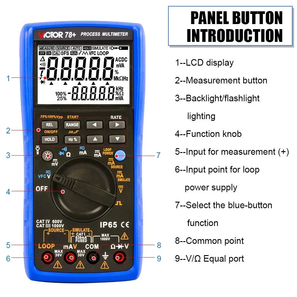 Victor 78+ Process Multimeter Digital Multi-meter and Process Signal Sources Output of DC Voltage Current Frequency SIMULATE