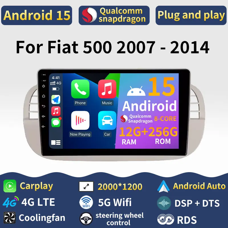 Radio Estéreo para Auto Android 15 de 9 Pulgadas para Fiat 500 2007-2014, Carplay Inalámbrico, Navegación GPS para Auto, Reproductor Multimedia, Unidad Principal SWC, DSP