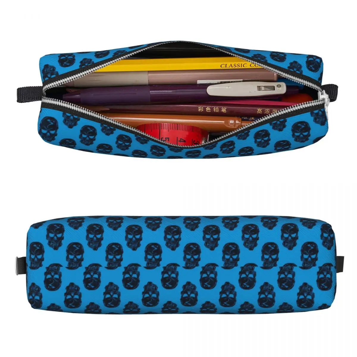 Skeleton Pencil Case Blue Human Skulls School Pencil Cases PU Leather Boy Girl Cool College Pencil Box School Stationery