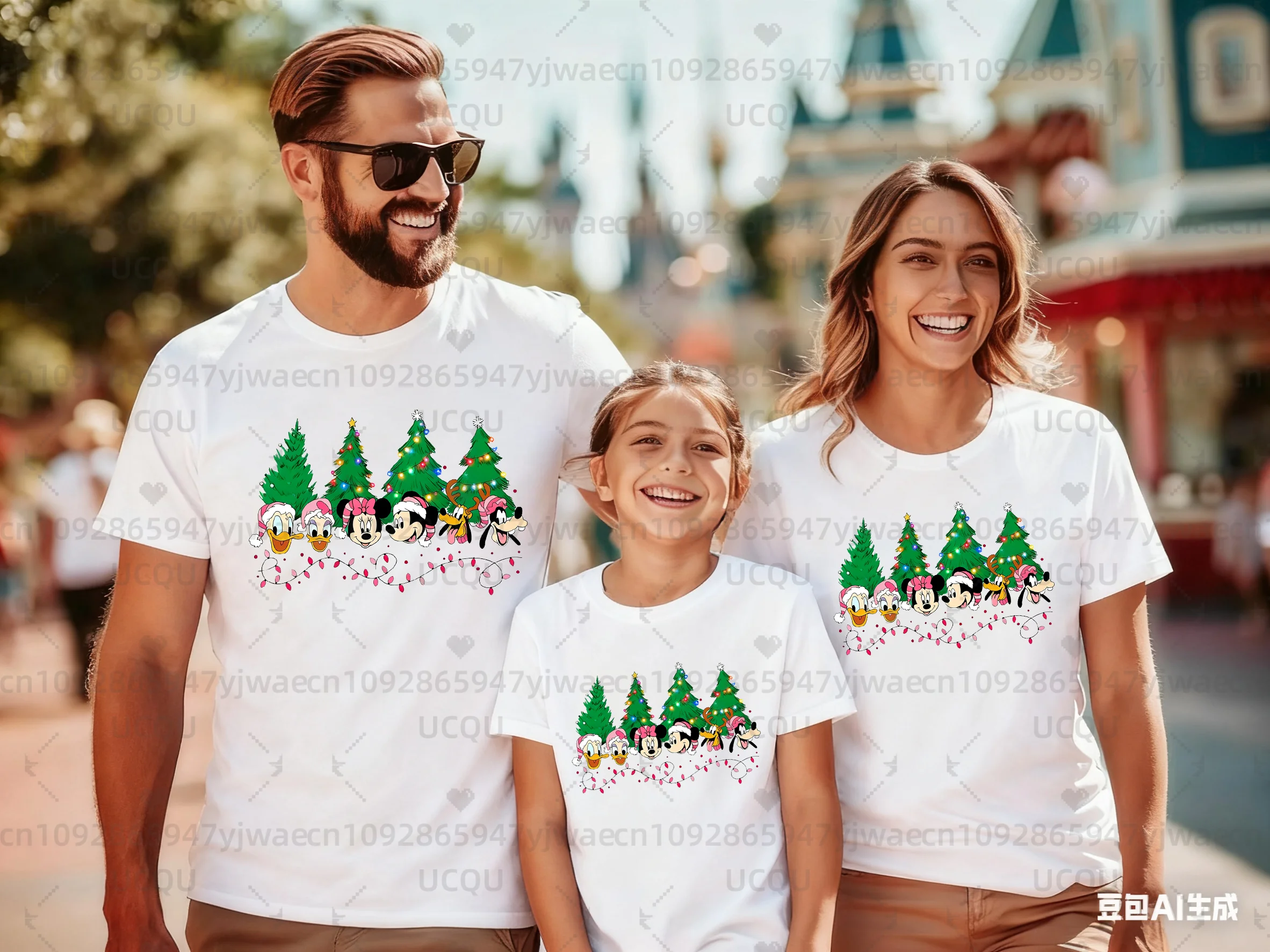 

2026 Trip Mickey and Friends Christmas Tree Print T-shirt Dad Mom Kids Cotton Short Sleeve Family Outfits Parent Child Tshirt