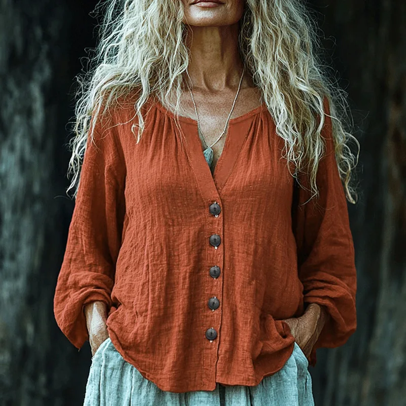 

Винтажная льняная блузка с эффектом потертости, женская, с V-образным вырезом, на пуговицах, с длинными рукавами, свободного кроя, в стиле бохо, для повседневной носки и отпуска