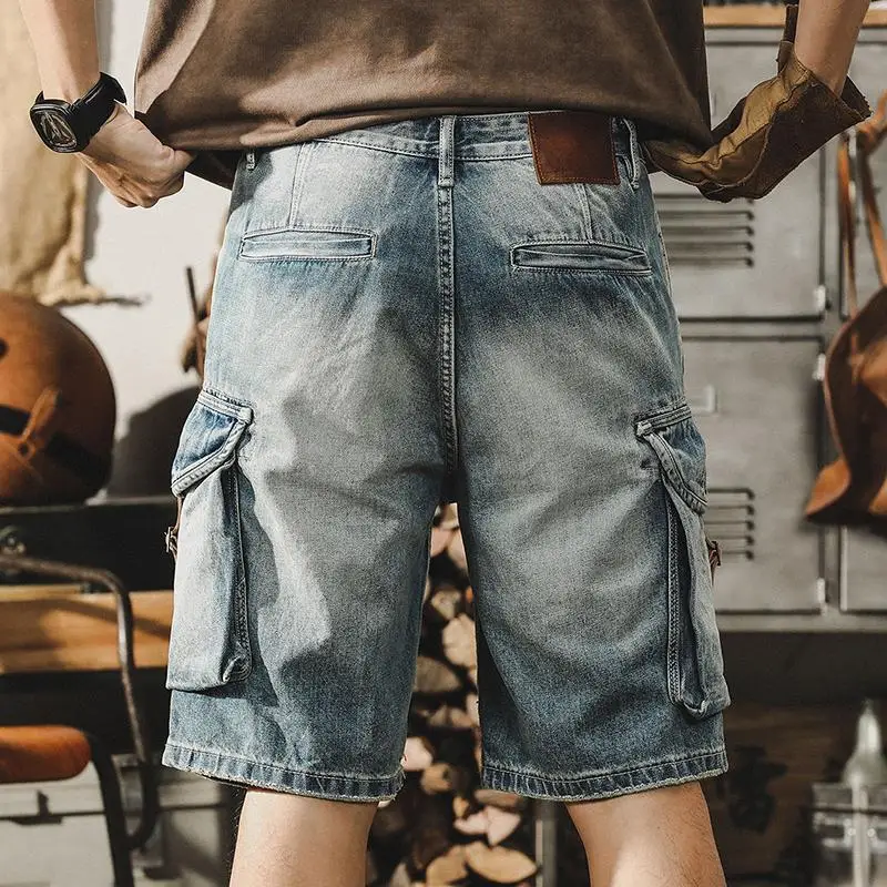 Summer Luxury Denim Jeans Men\'s Knee-Length Casual Loose Retro Motorcycle Cargo Shorts Short Jeans Luxury Cowboy Pants for Men