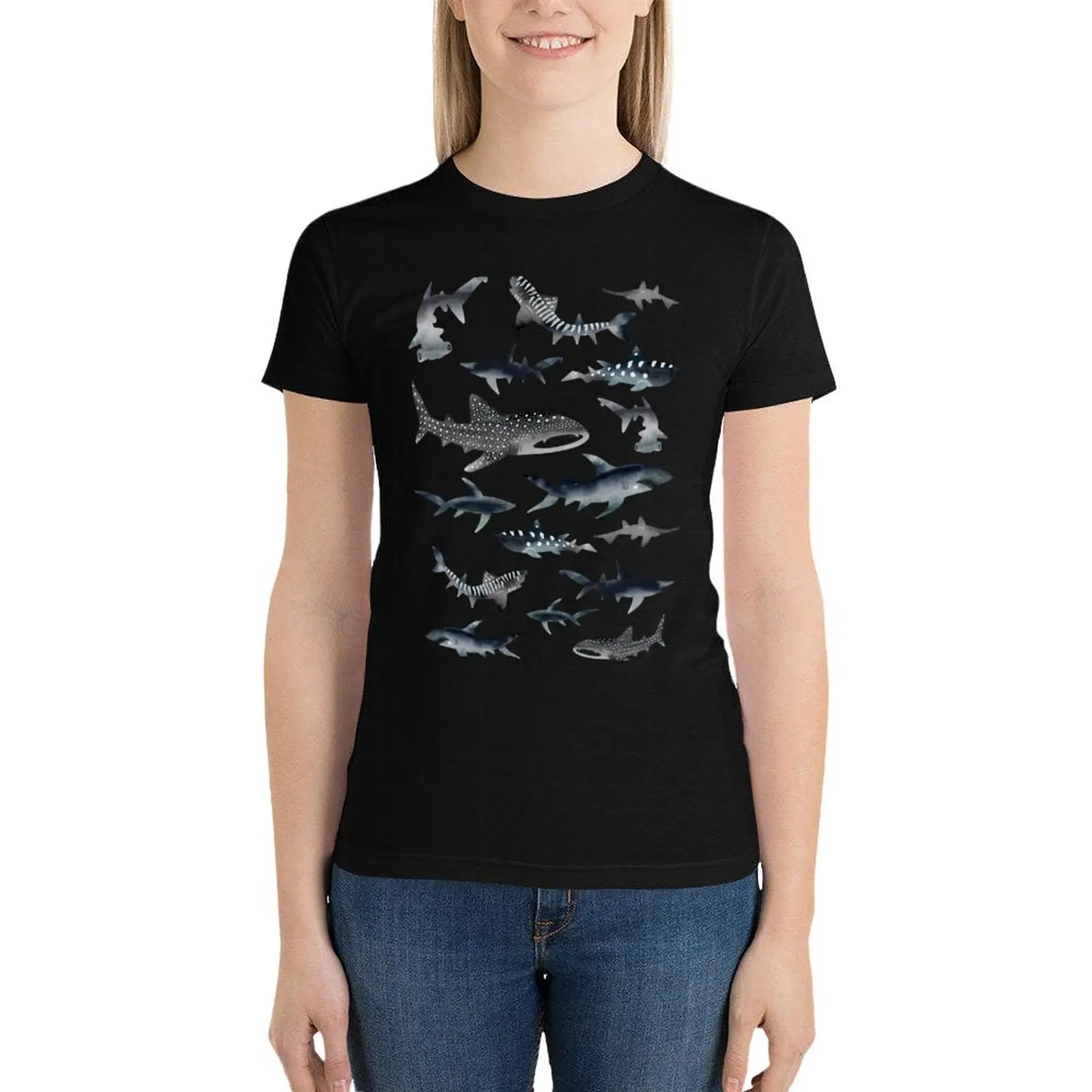 

Sharks! Sharks! Sharks! Dark Ocean Watercolour T-Shirt kawaii clothes Short sleeve tee t-shirt dress for Women long