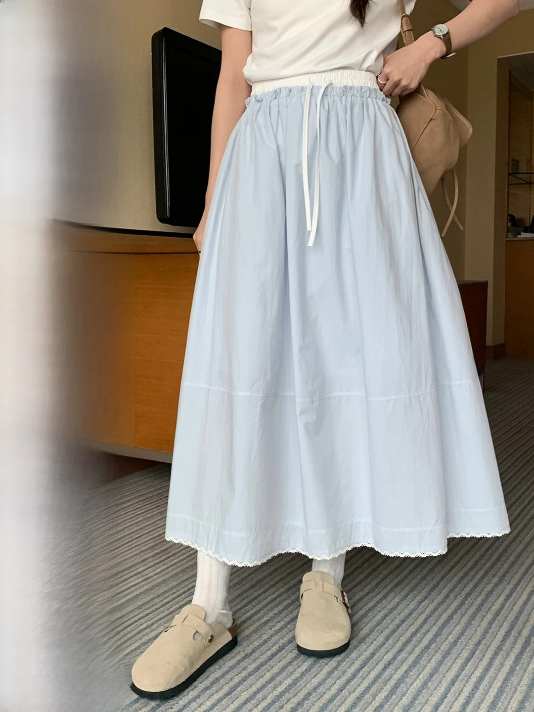 

Юбка А-силуэта с высокой талией, универсальная, простого дизайна, в корейском стиле, средней длины, для девочек-подростков, из смесового хлопка