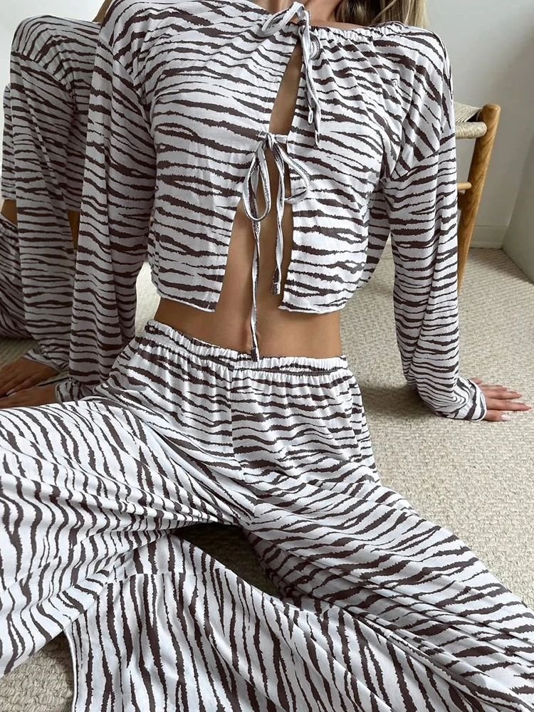 HiLoc Fashion Zebra Long Pants Sets Pajamas Women 2 Pieces Autumn O-Neck Lace-Up Sexy Tops Casual Print Loose Pants Sleepwears