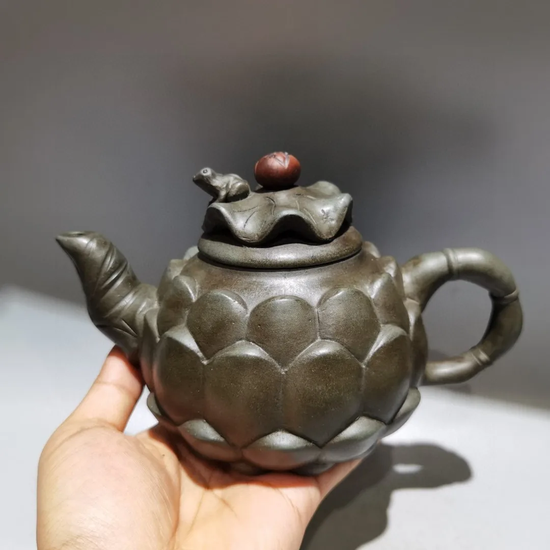 

8"Chinese Yixing Purple clay Pot Lotus Frog Statue Pot Kettle Teapot flagon Lotus Frog Statue Pot