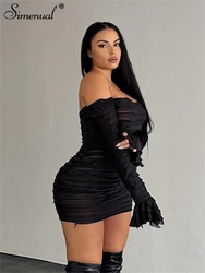 Simenual Balck Ruched Clubwear Women Sexy Off Shoulder See Through Mini Dress Baddie Hot Pleated Bodycon Dresses Fairy Holiday