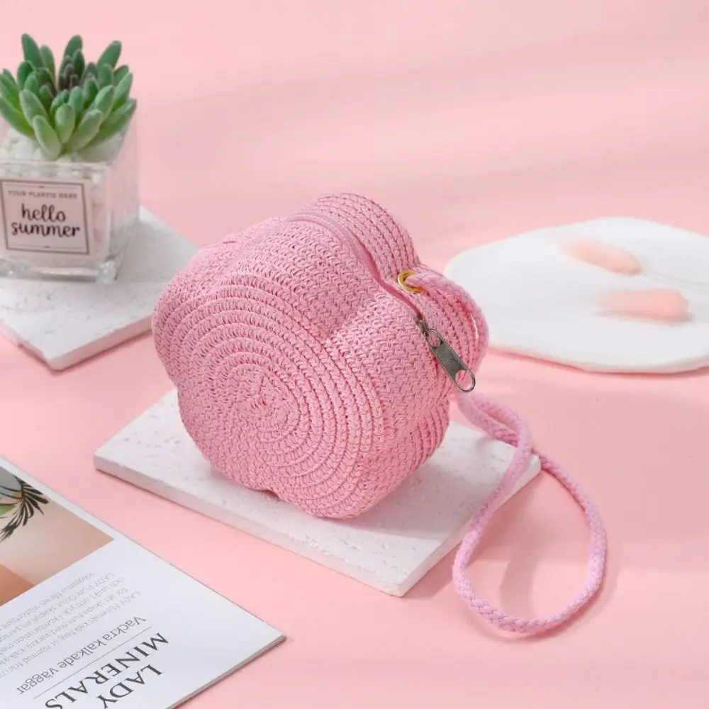 새로운 짠 밀짚 숄더백 꽃 여행 동전 지갑 귀여운 경량 비치 백 (어린이용)