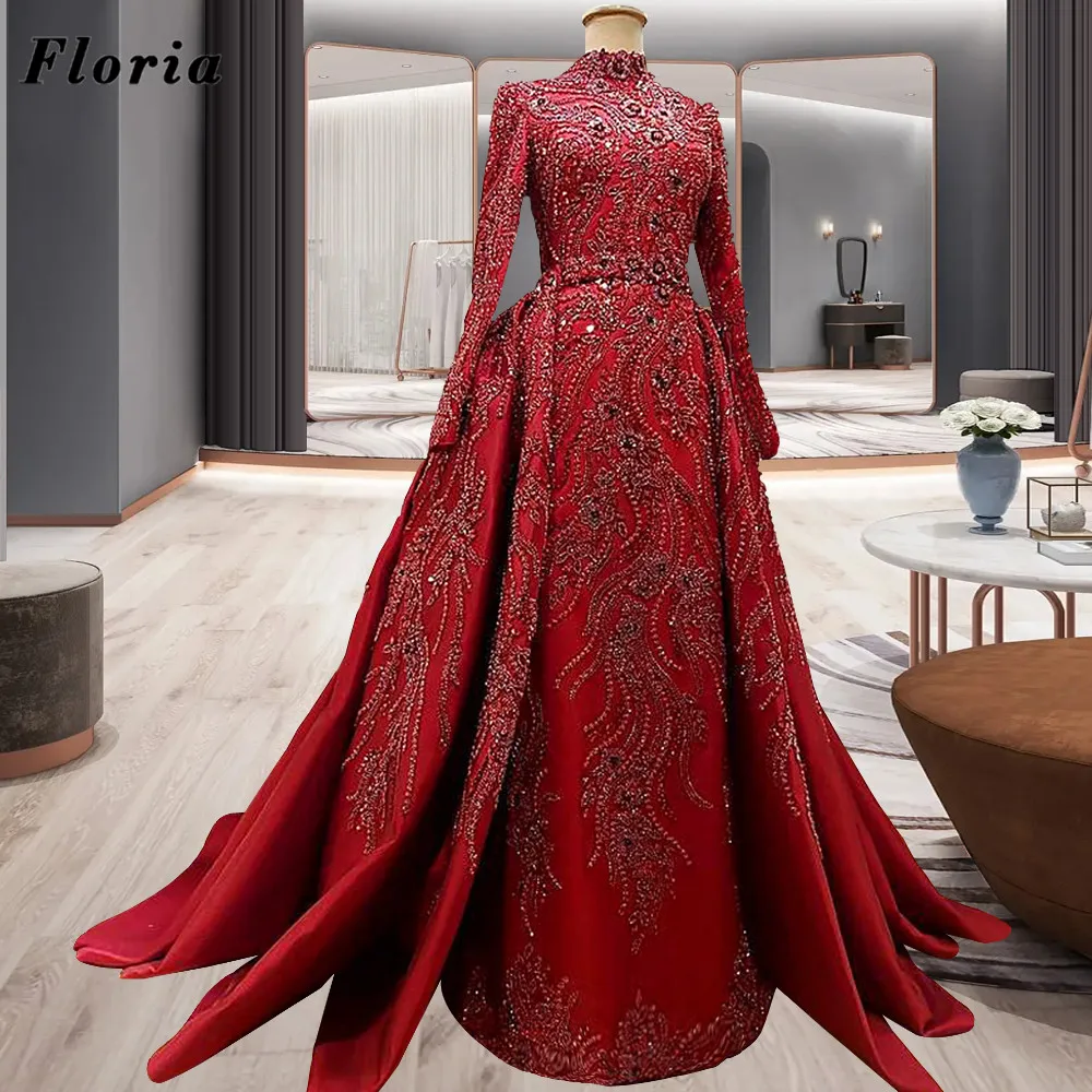 

3 Designs Middle East Long Sleeves Evening Dresses Red Beading Sequins Celebrity Pageant Gowns Couture Party Night 2023 Robes