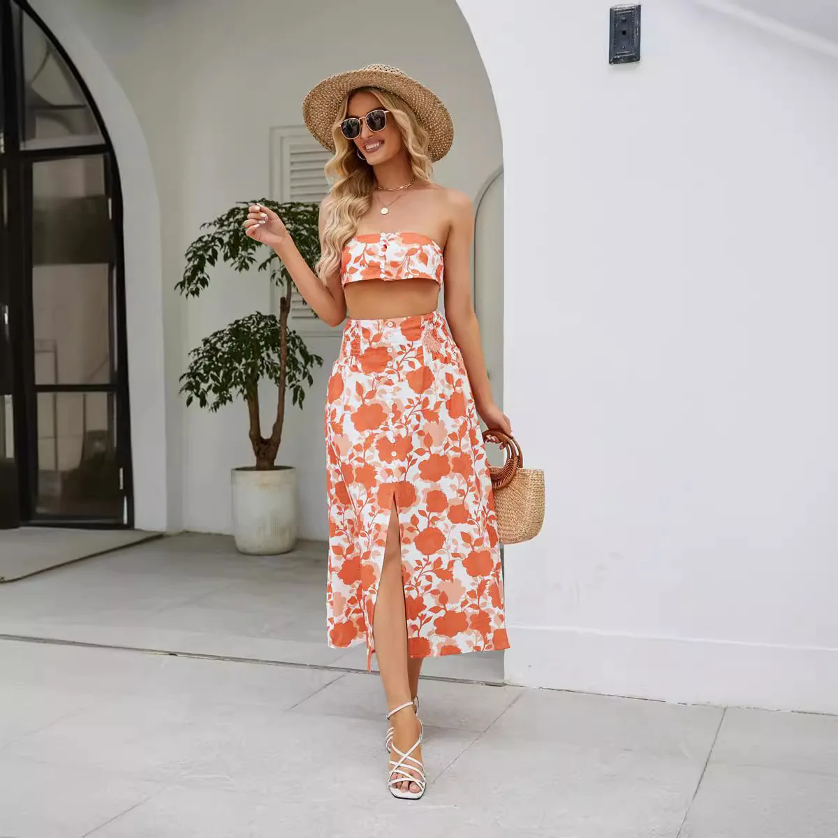 

Summer New Printed Women's Half Skirt Bohemian Beach Vacation Two Piece Set Large Swing Skirt Dress