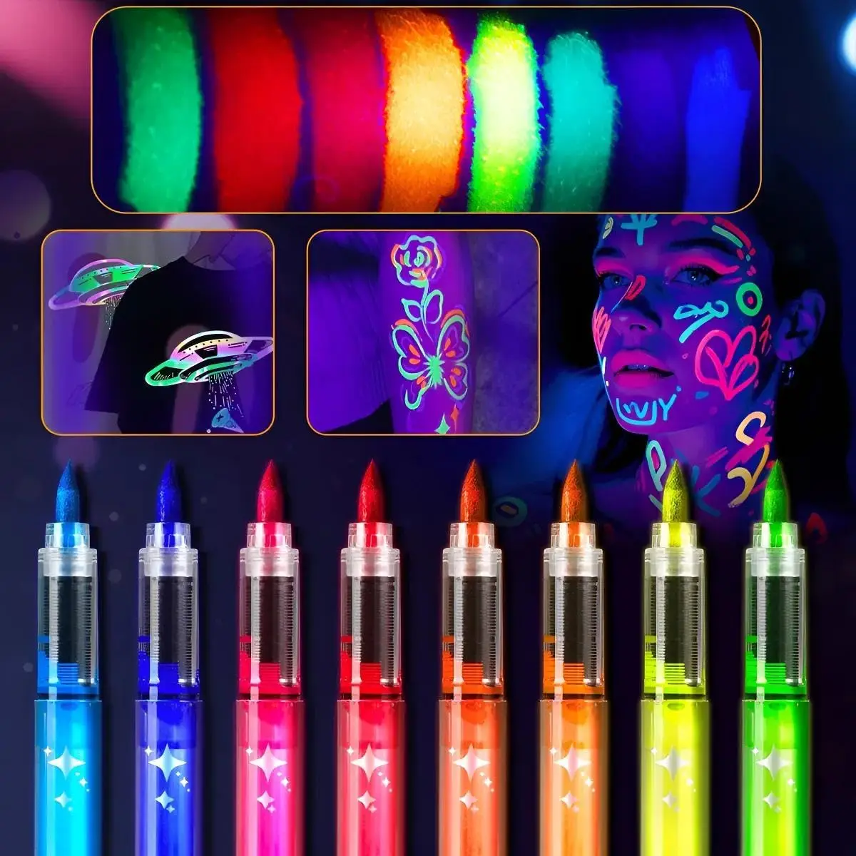 

Glow in The Dark Face Paint Markers, UV Neon Body Paint Pens, Waterproof & Skin-Safe Blacklight Tattoo Markers, Washable