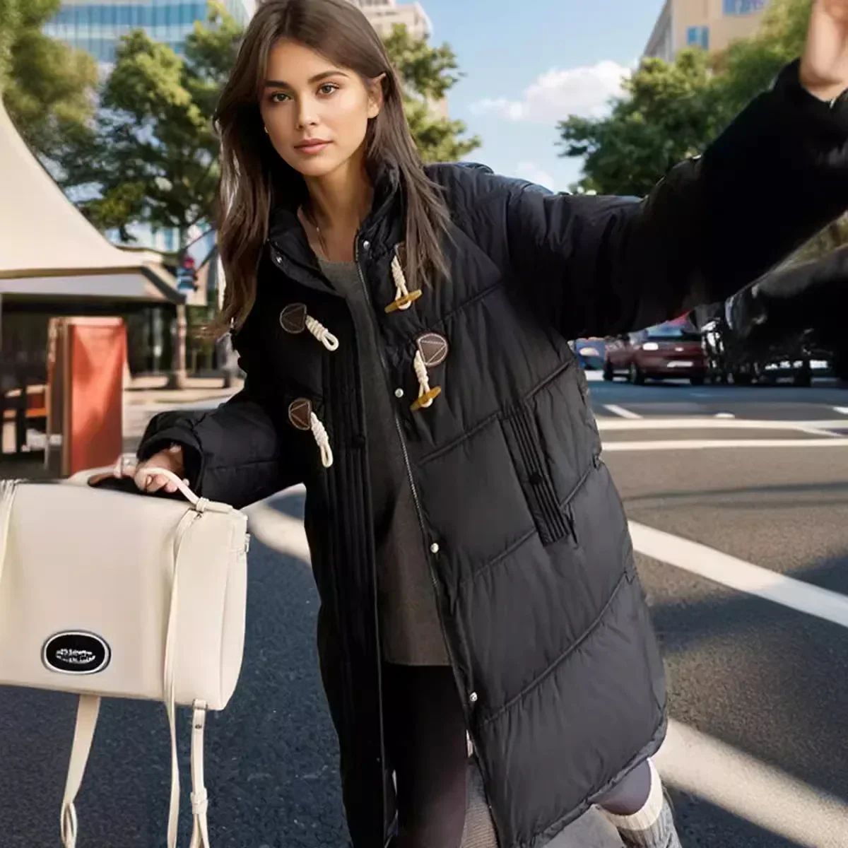 

2025.Women's Long Jacket Female Hooded Casual Thicken Warm Parkas Coats Women's Horn Button High Coller Cotton Jacket