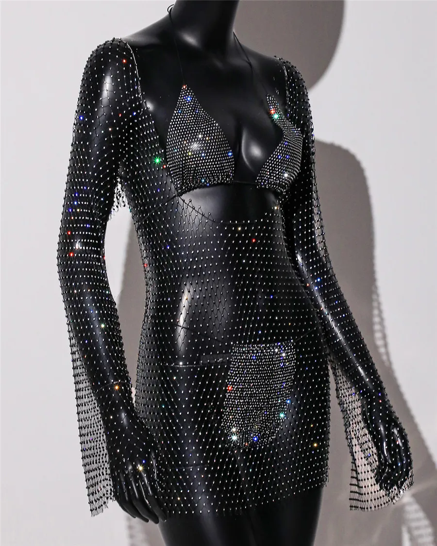 Fashion Rhinestone Mesh Women Set And Mini Dress Summer Sexy Beach See Through Hollow Fishnet Bikini Cover Up Set Party Dress image 6