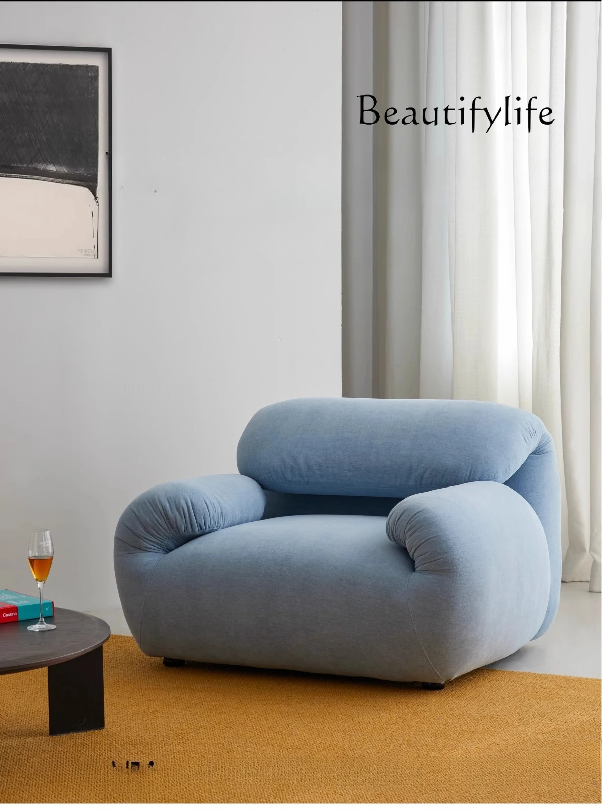 

Modern single sofa blue Italian minimalist living room fabric folding lazy backrest adjustable