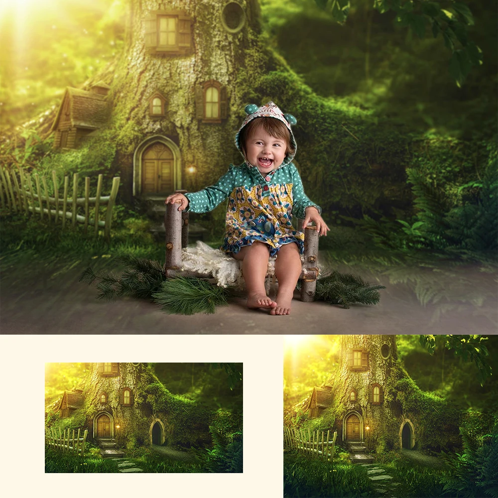 

Mocsicka Fairy Forest Tree House Photo Backdrop Enchanted Green Tree House Background Baby Kids Art Photography Studio Prop