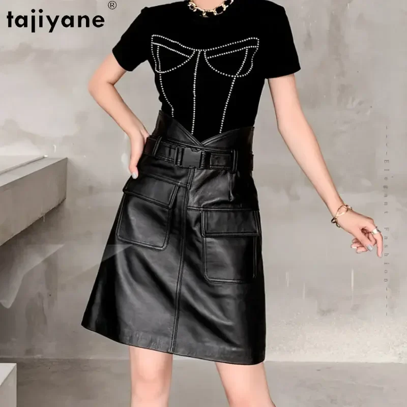 

Tajiyane Genuine Sheepskin Leather Skirt Women High Waist Skirts Korean Style Wrap Hip Skirts for Women 2023 Short Skirt Belt