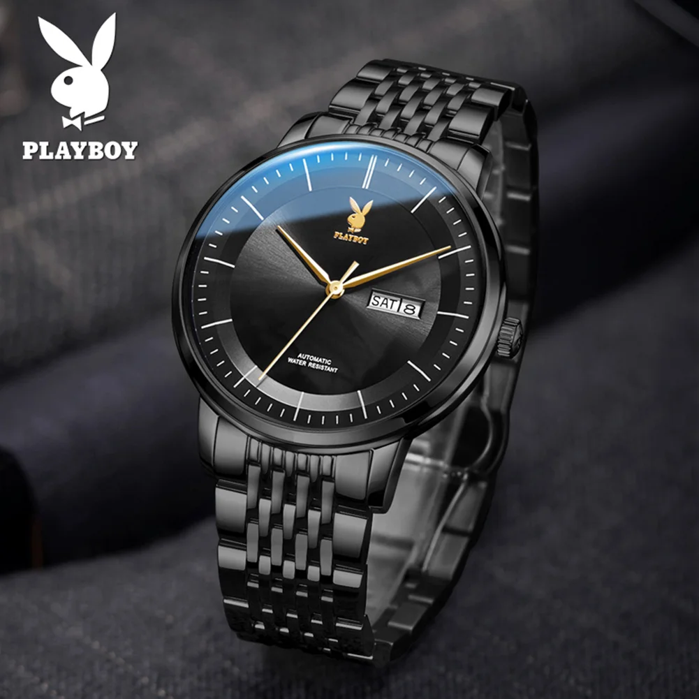 PLAYBOY Top Brand Luxury Mechanical Watch for Men Fashion Grey Dial Stainless Steel Waterproof Date Week Automatic Male Watches