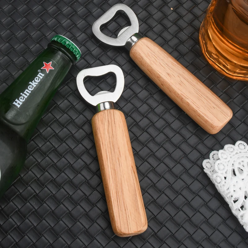Abridor de botellas de cerveza con mango de madera Abridor de botellas de madera comercial Abridor de botellas de acero inoxidable Abridor de botellas creativo