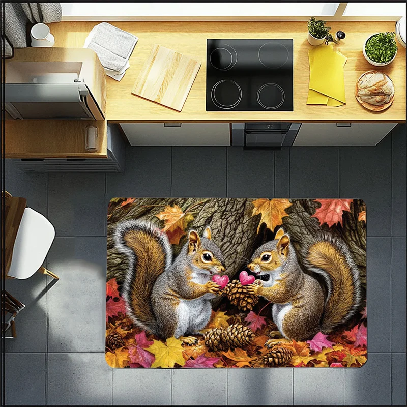 Woodland Squirrel Autumn Leaves Fall Doormat Decorative Welcome Mat for Porch Entrance Hallway House Decor Gifts Seasonal Indoor