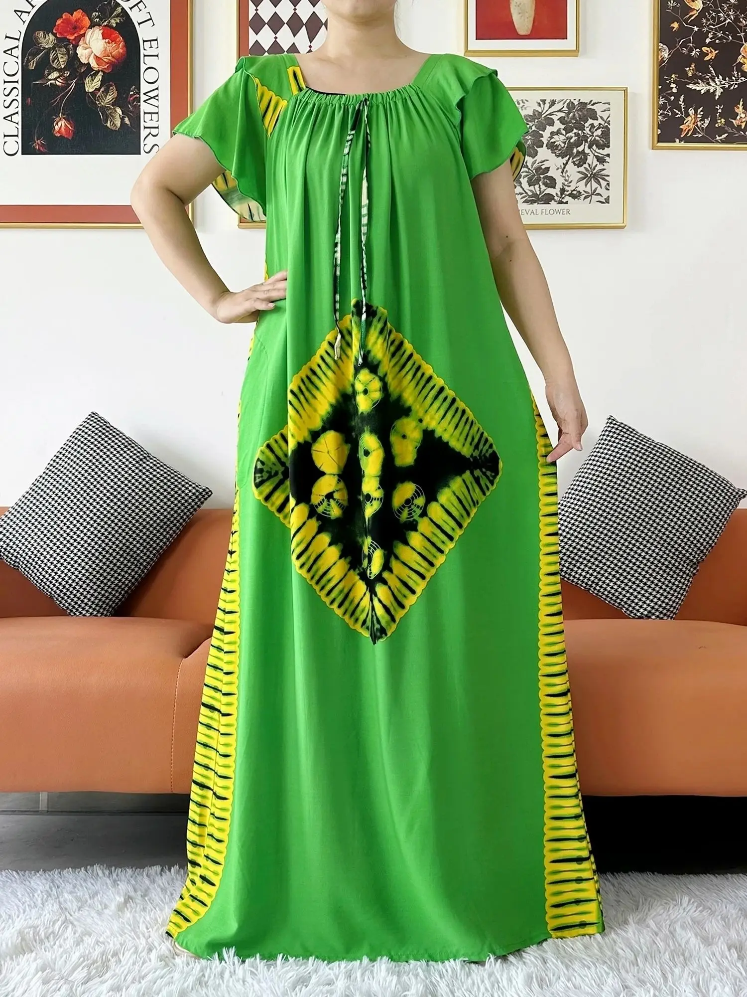 New Summer African Lady Kaftan Short Sleeve Loose Dress  Boat-Neck Floral Boubou Maxi Islam Women African Clothes