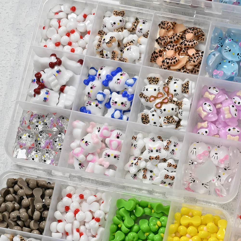 12 rasters herfst luipaard Hello Kitty nagelbedels 3D schattig luipaardprint strik Kitty kat cartoon nagelonderdelen hars DIY nagel december