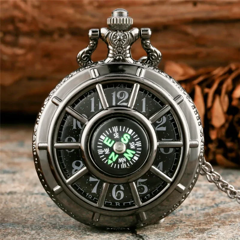Vintage Hollow Out Compass Design Half Hunter Analog Quartz Pocket Watch for Men Women Starry Dial Pendant Necklace Chain Gift