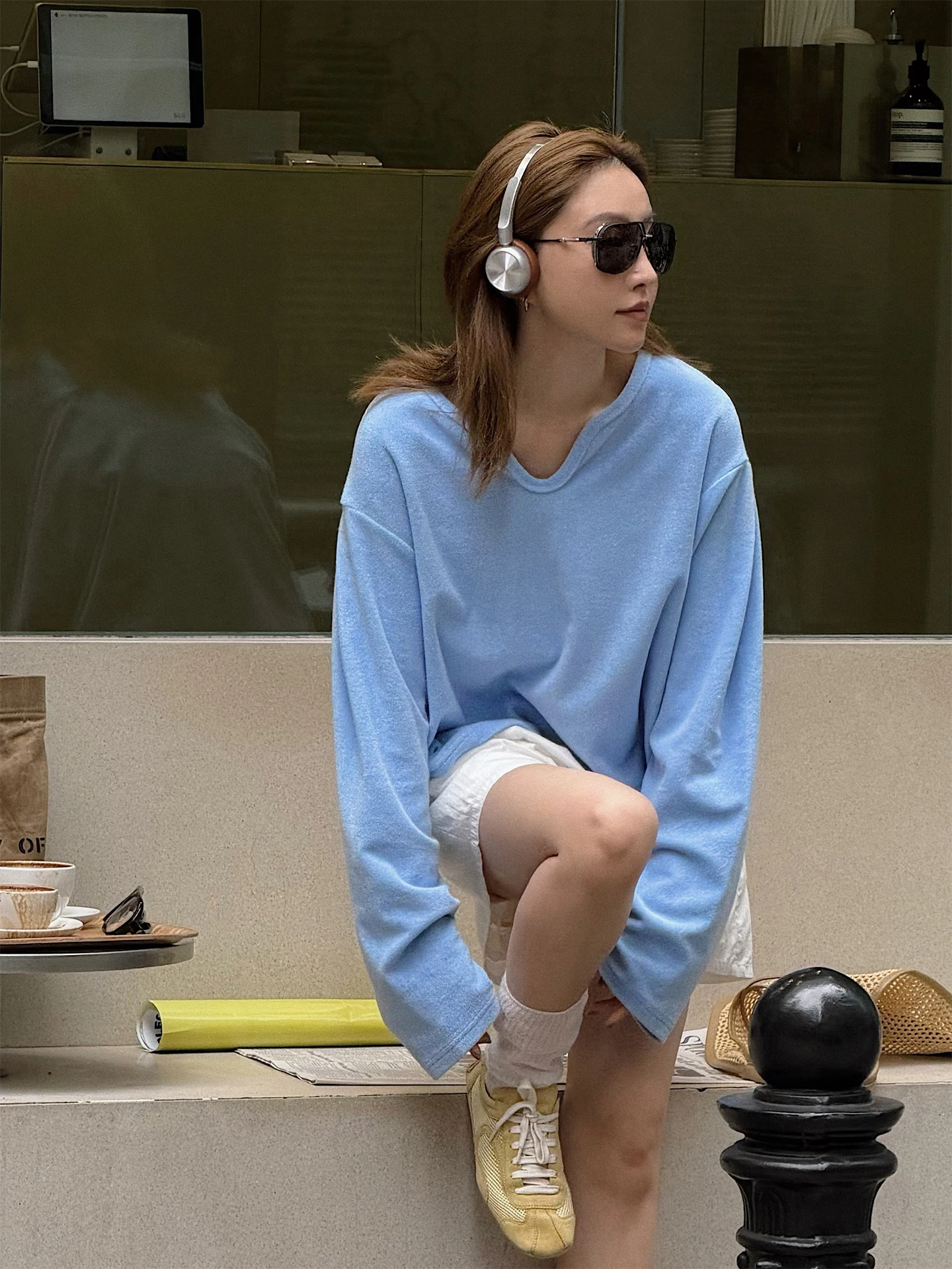 

Healing Baby Blue High Waist Towel Cotton Sweatirt Simple Sle Organic Cotton Women's Long Sve Overhead Knitwear