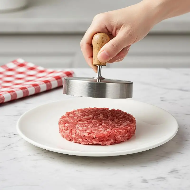 Nonstick Stainless Steel Burger Press Patty Maker With Anti Slip Wood Handle For Kitchen BBQ Homemade Hamburger