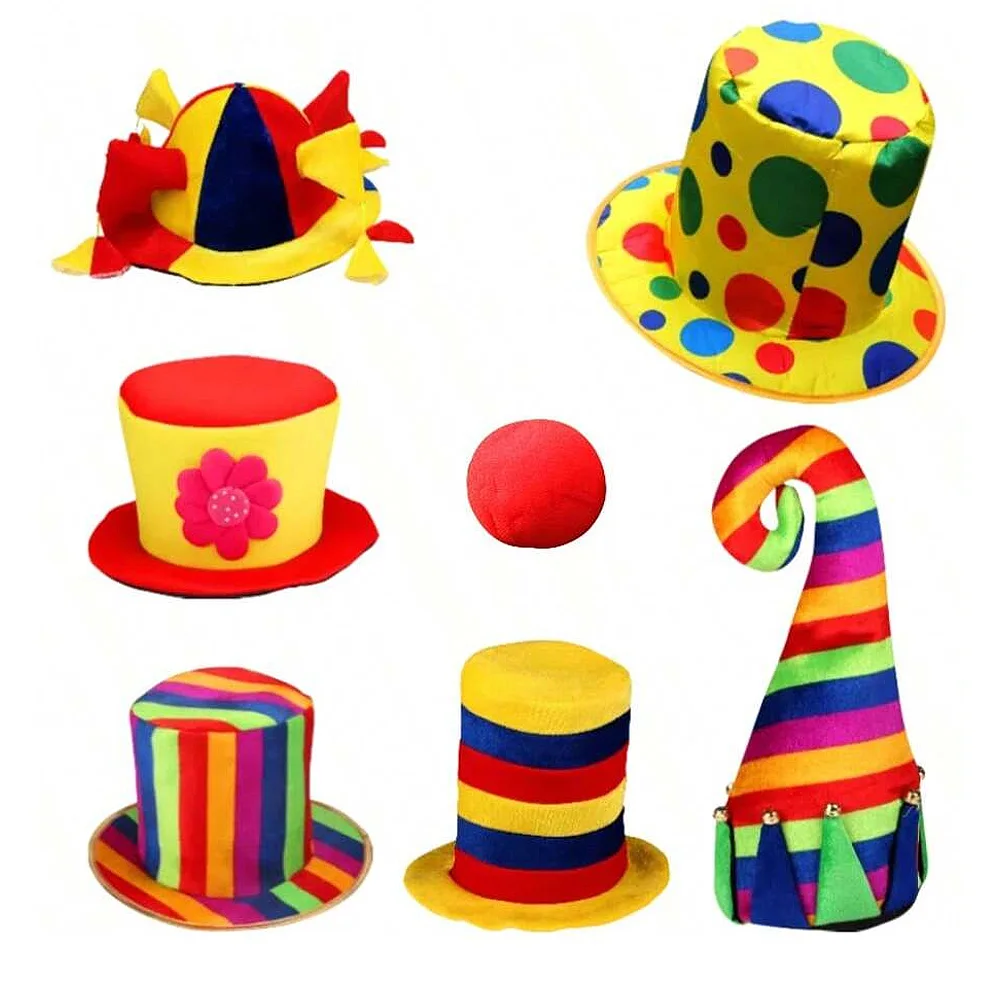 Divertido sombrero de payaso de colores, ¡seis estilos con nariz de esponja roja! Adecuado para actuaciones en la playa, circo, fiestas y disfraces de rol.