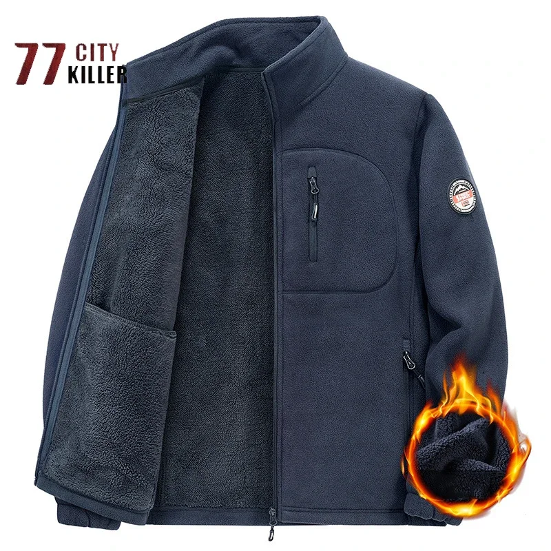 Fleece Thickened Warm Mens Jacket Standing Collar Multiple Pockets Zipper Solid Color Coat Men Outdoor Sports Windproof Cardigan